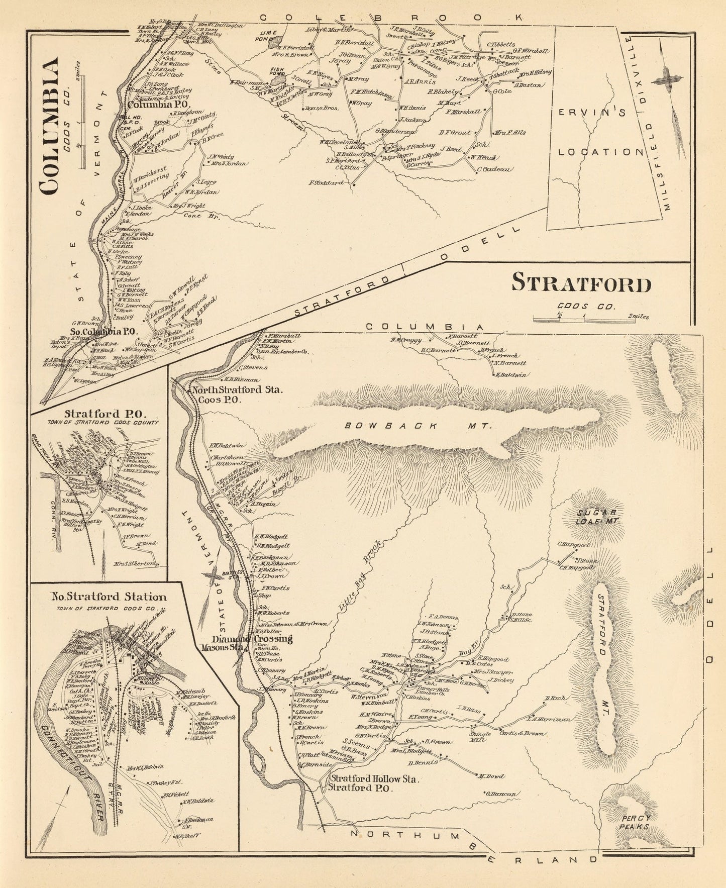 Vintage Map of Stratford & Columbia, New Hampshire 1892