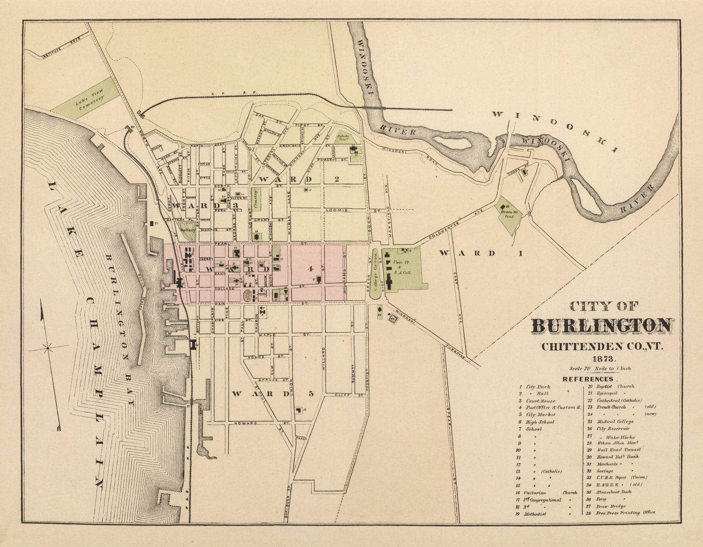Vintage Map of Burlington, Vermont 1873