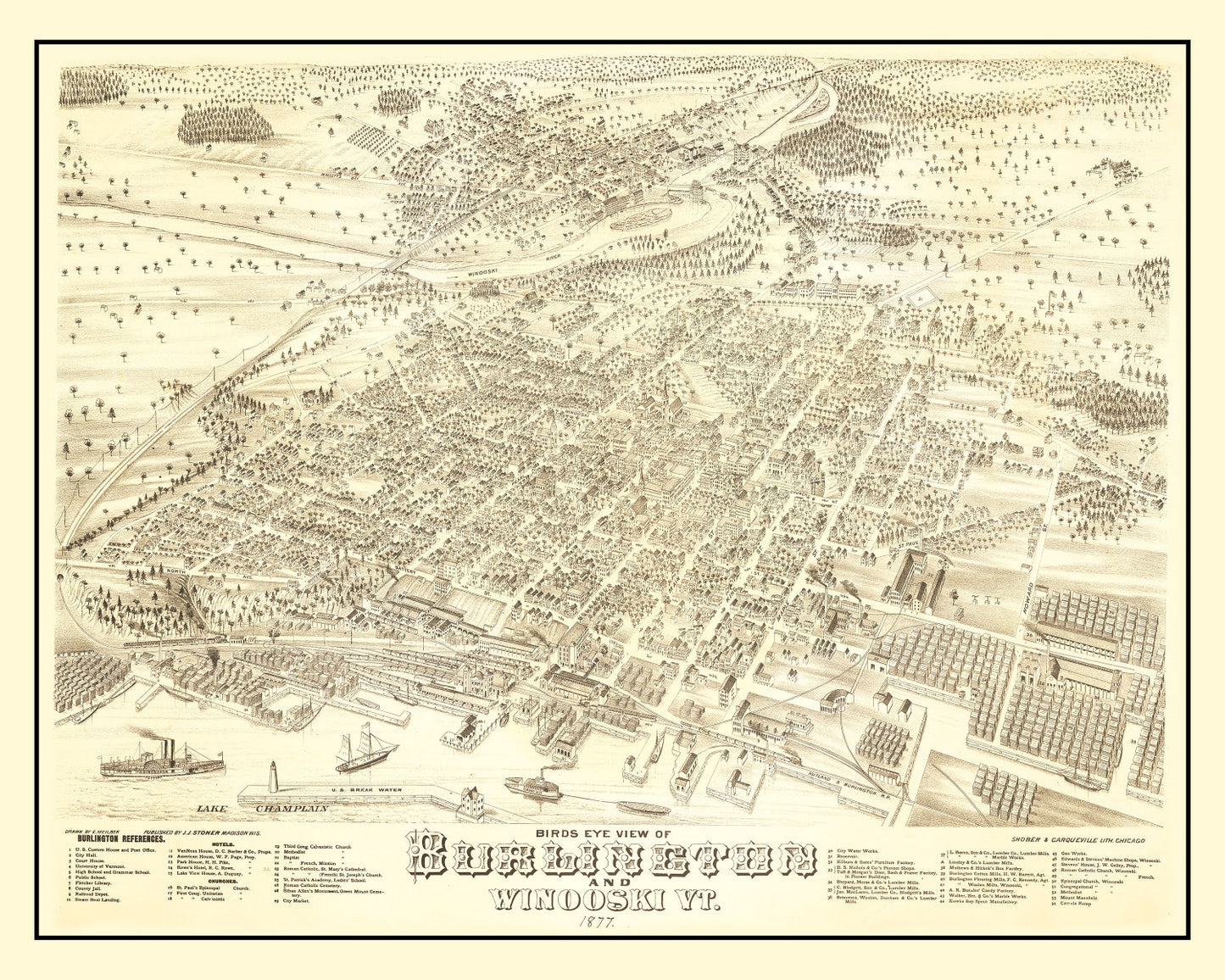 Vintage Map of Burlington, Vermont 1877