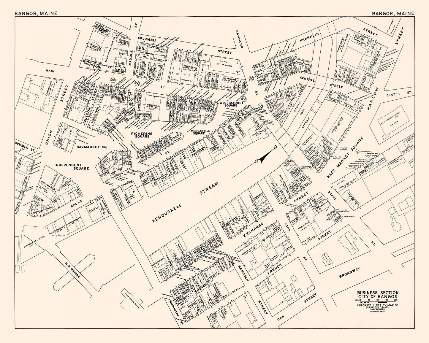 Vintage Map of Bangor, ME Business Section 1946