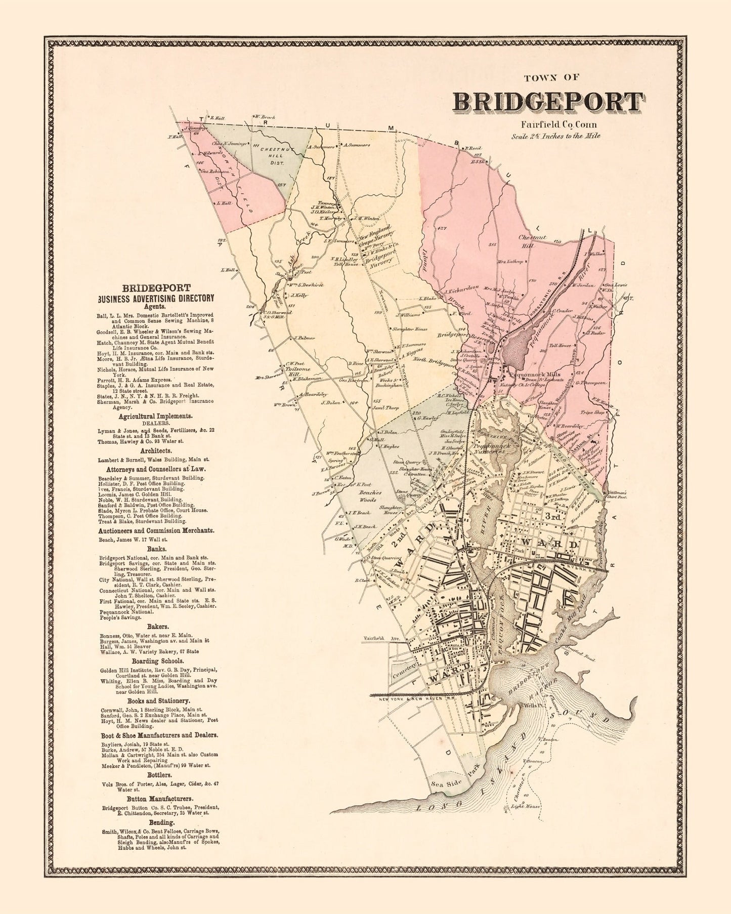 Vintage Map of Bridgeport, Connecticut 1867