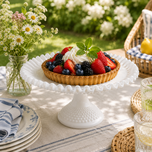 11" Milk Glass Cake Stand w/ Hobnail Design and Ruffled Edge