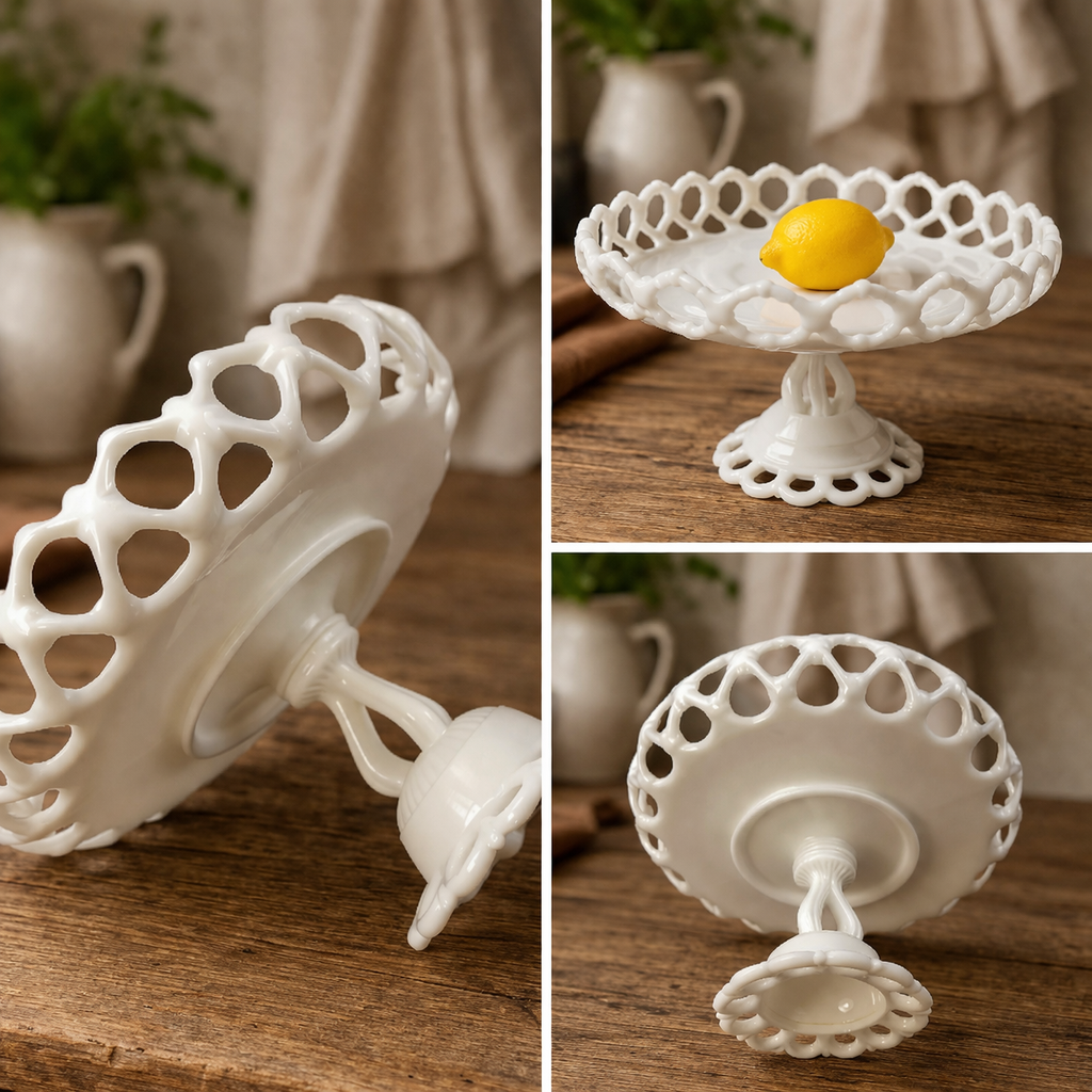 Westmoreland Milk Glass Pedestal Fruit Bowl. Doric Pattern with Lace Edge. 10" in Diameter. Table Centerpiece.