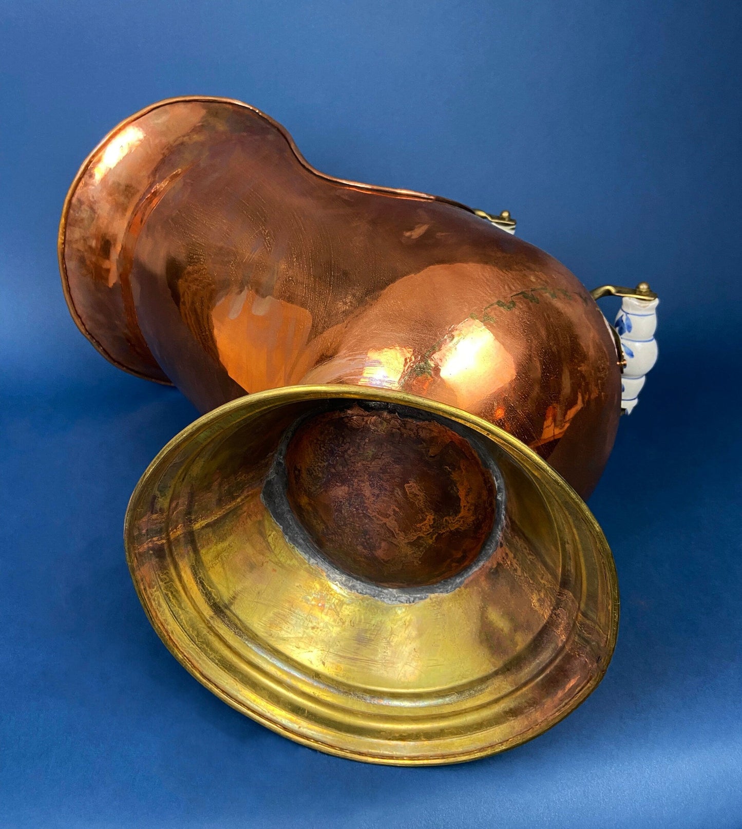 Antique Copper Coal Scuttle with Brass Bottom & Ceramic Handles