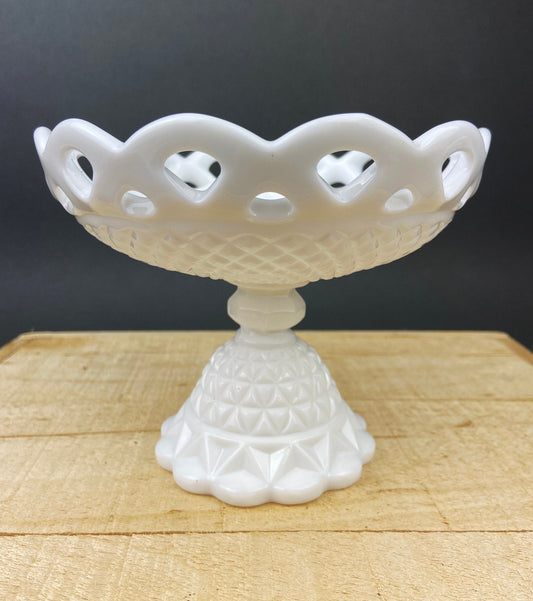 Vintage Milk Glass Footed Compote Bowl | Waffle Pattern Candy Dish with Scalloped Edge