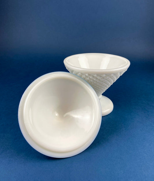Vintage Milk Glass Covered Candy Dish | Diamond Pattern Footed Compote with Lid