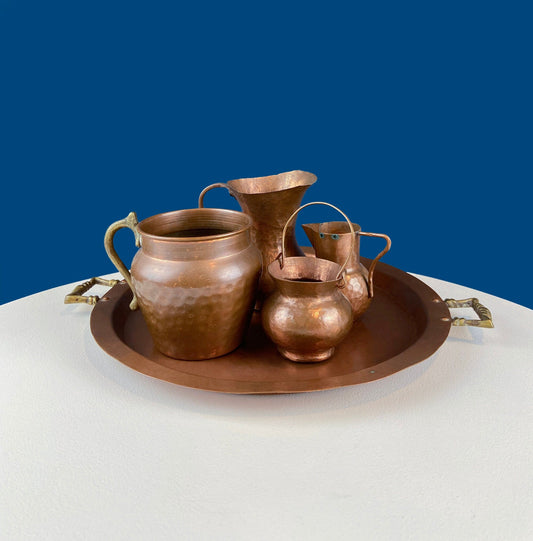 Collection of Vintage Copper Vases & Tray with Brass Handles