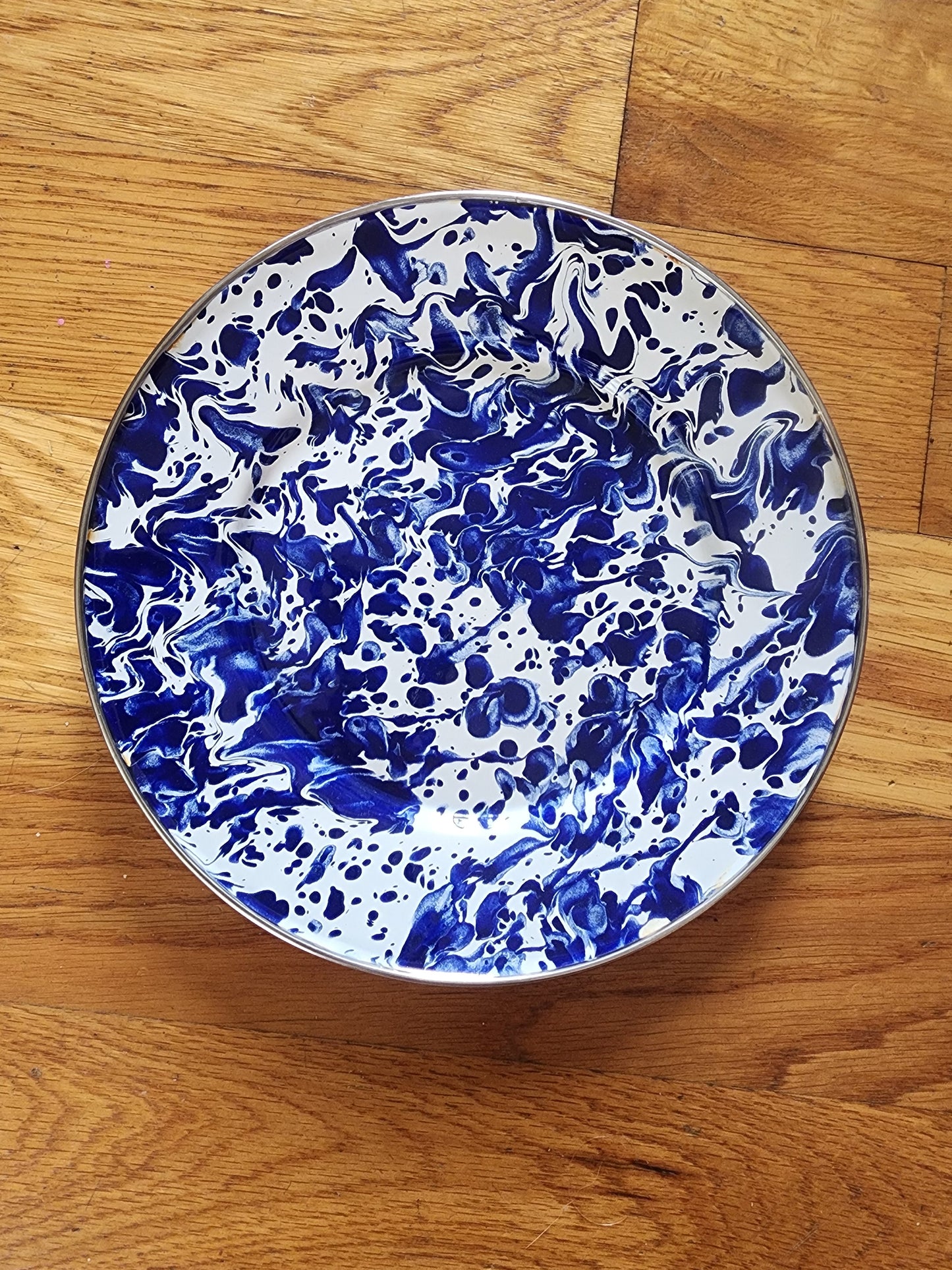 Vintage Enamelware Dinner Plates Cobalt Blue Spatterware 8.5” set of 2