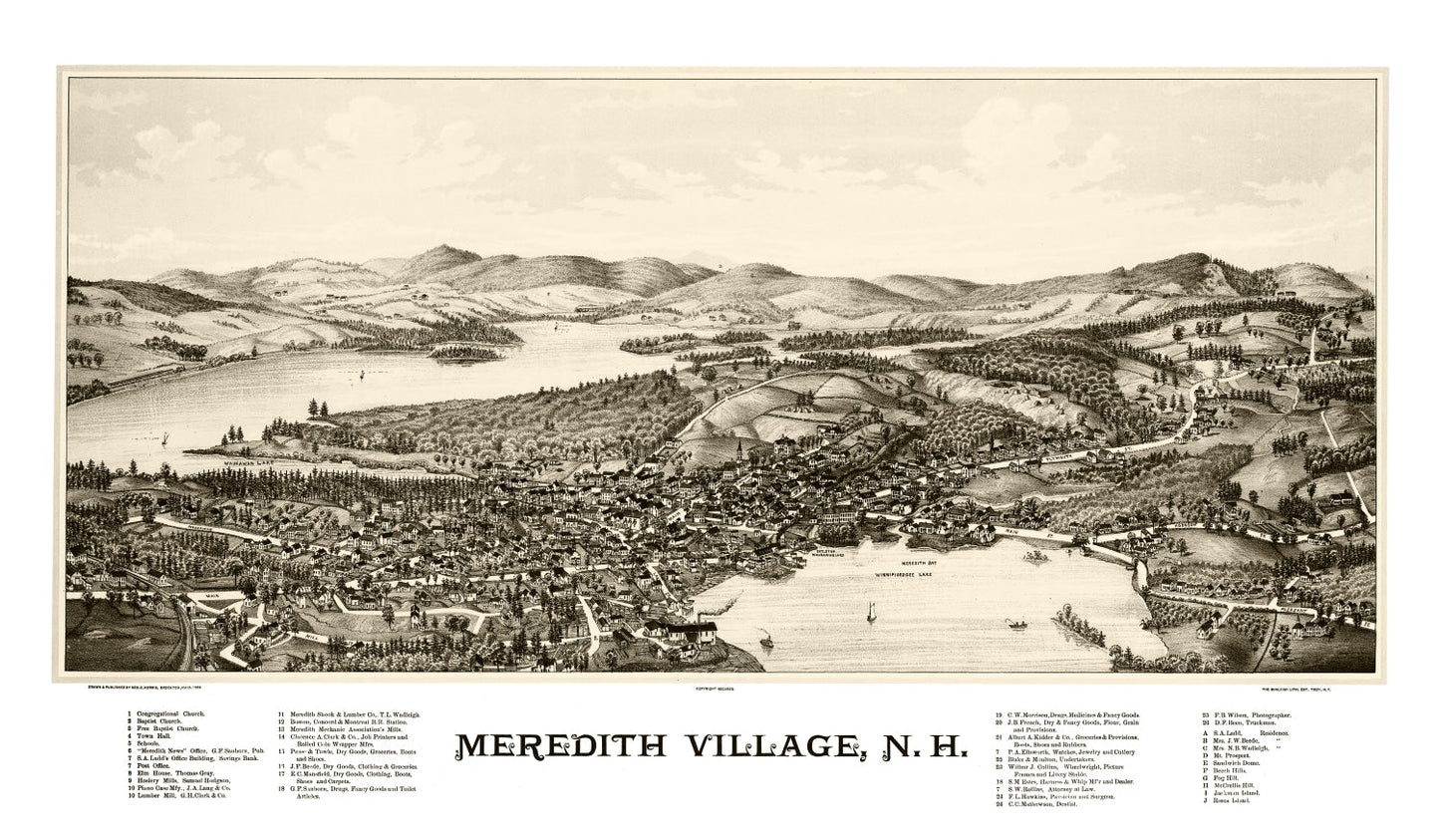 Vintage Map of Meredith Village, New Hampshire 1889