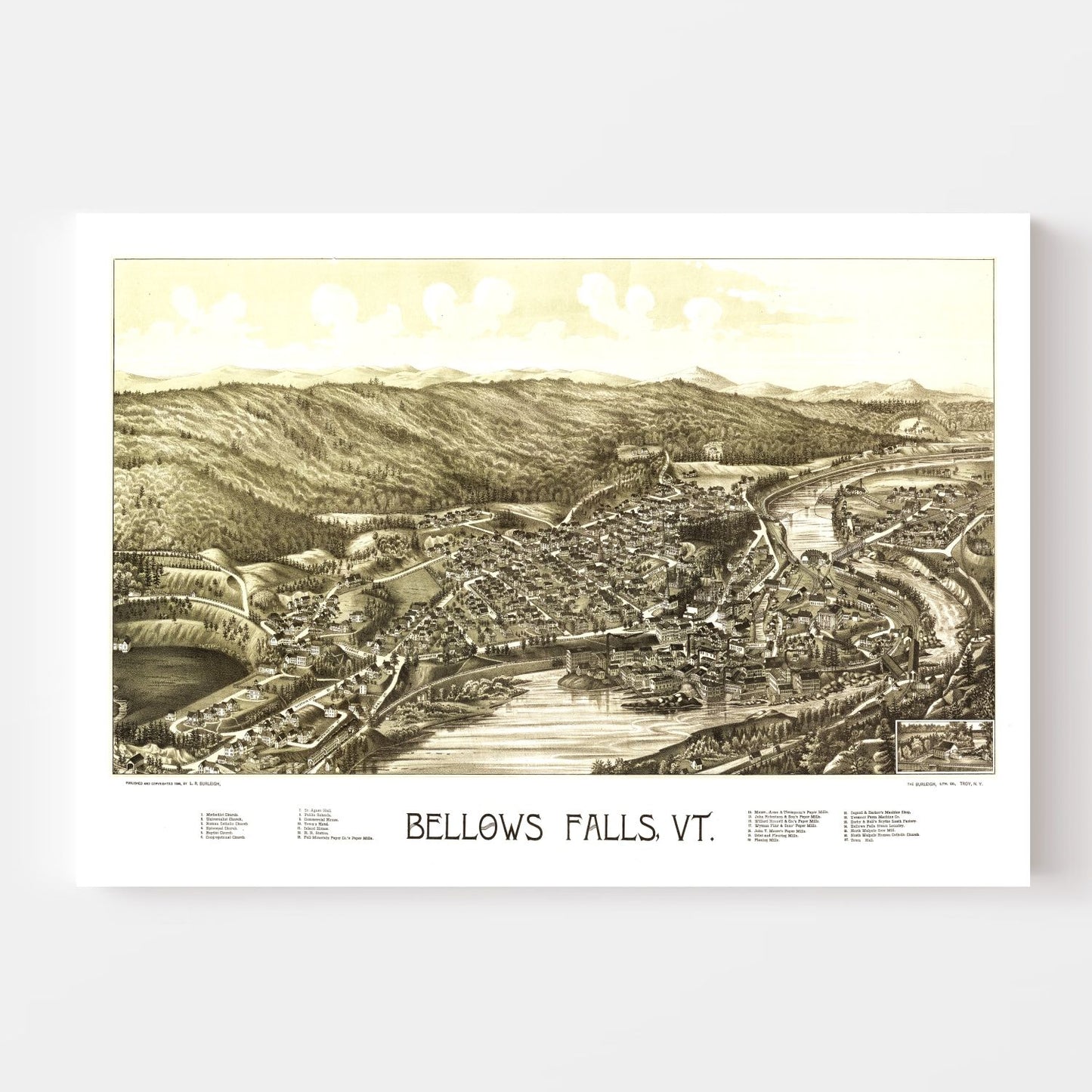 Vintage Map of Bellows Falls, Vermont 1886