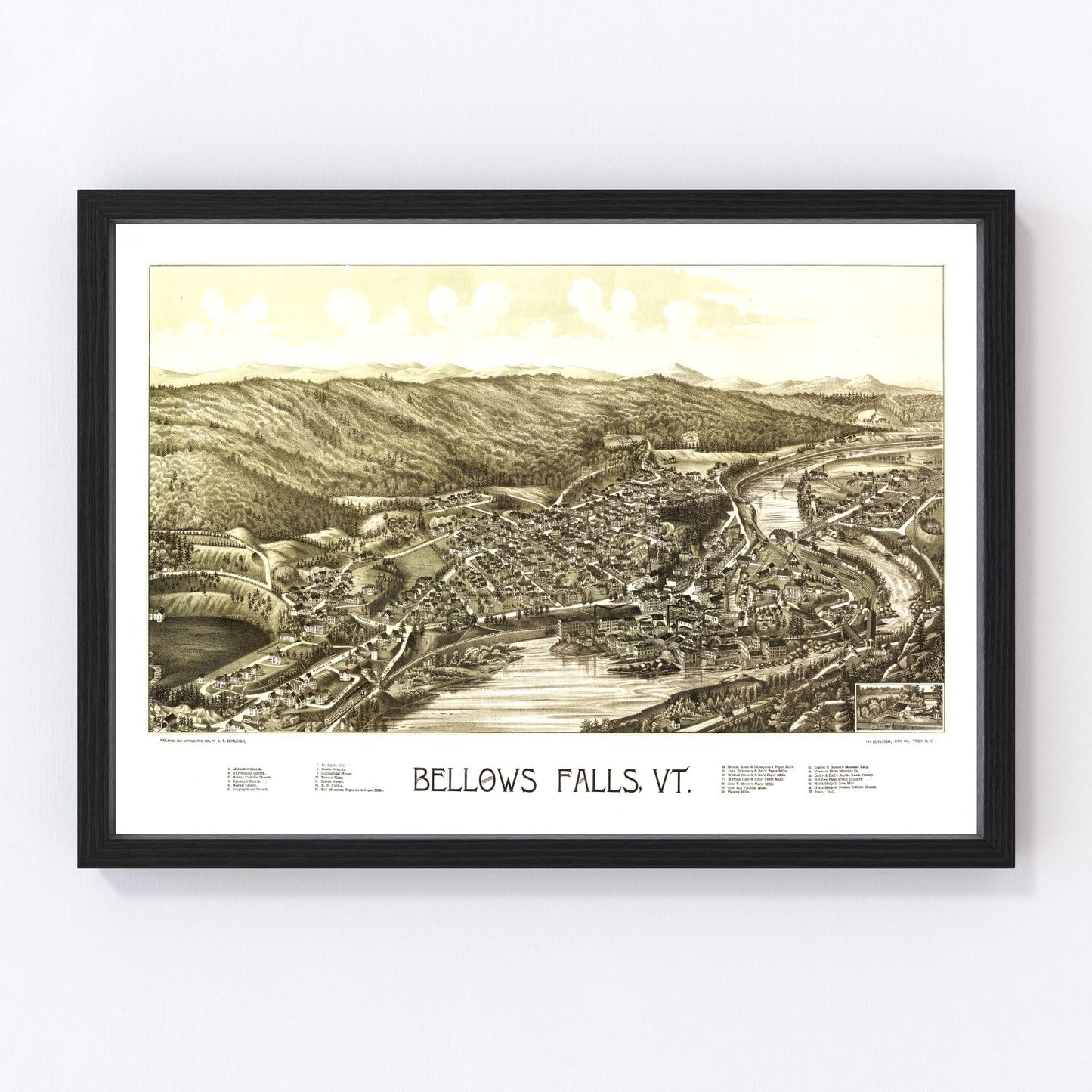 Vintage Map of Bellows Falls, Vermont 1886