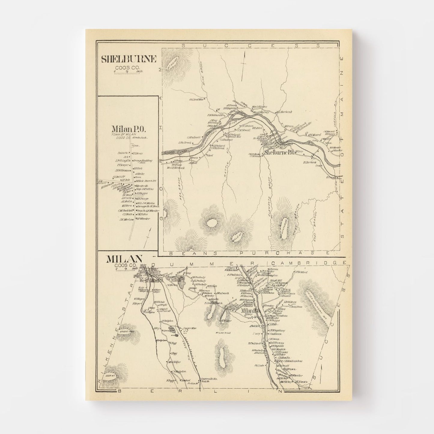 Vintage Map of Milan & Shelburne, New Hampshire 1892