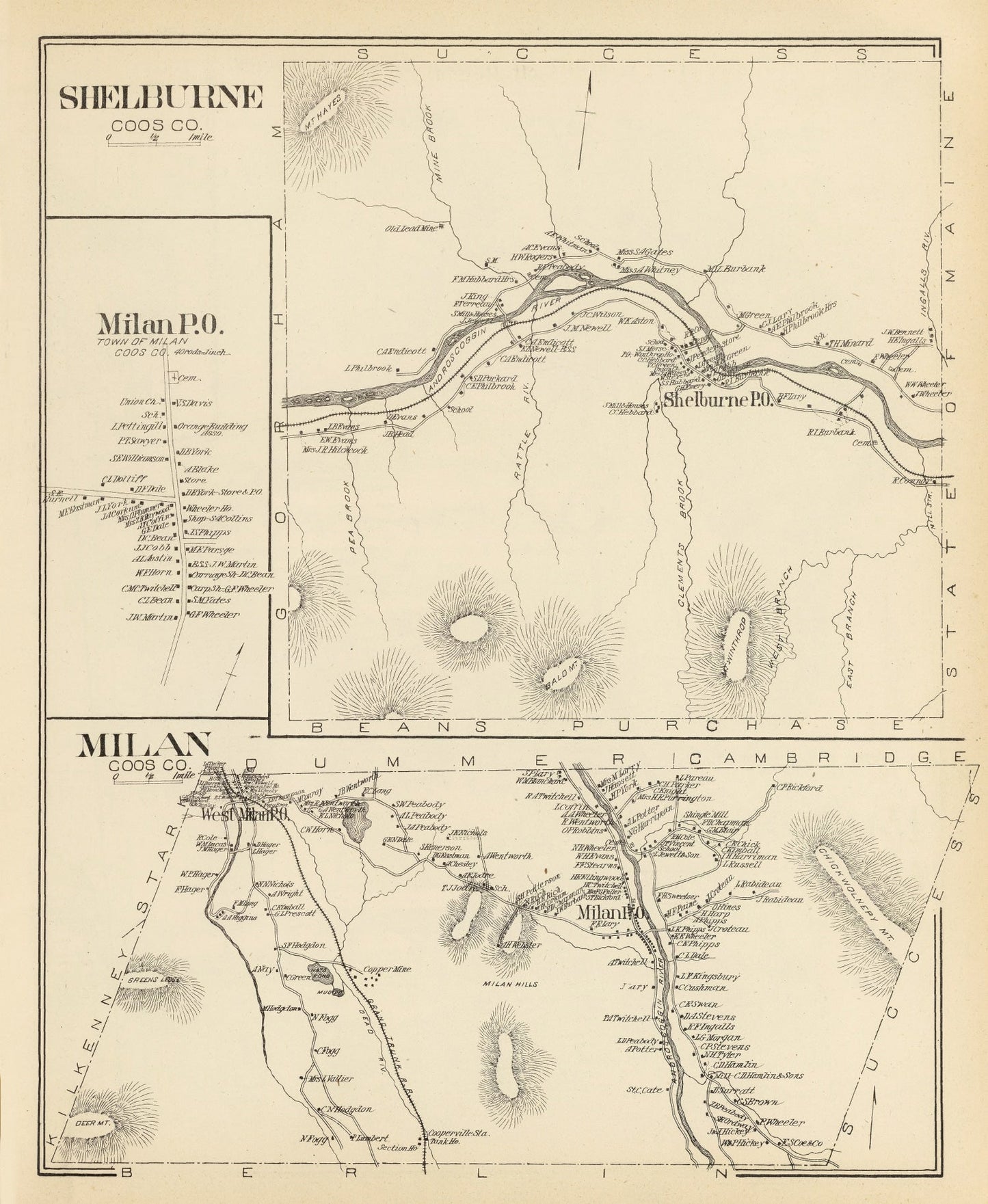 Vintage Map of Milan & Shelburne, New Hampshire 1892