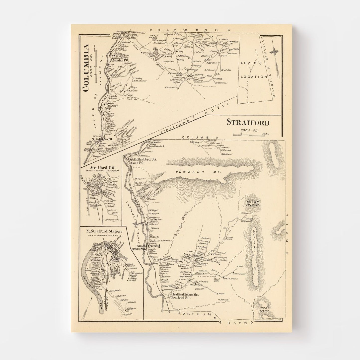 Vintage Map of Stratford & Columbia, New Hampshire 1892