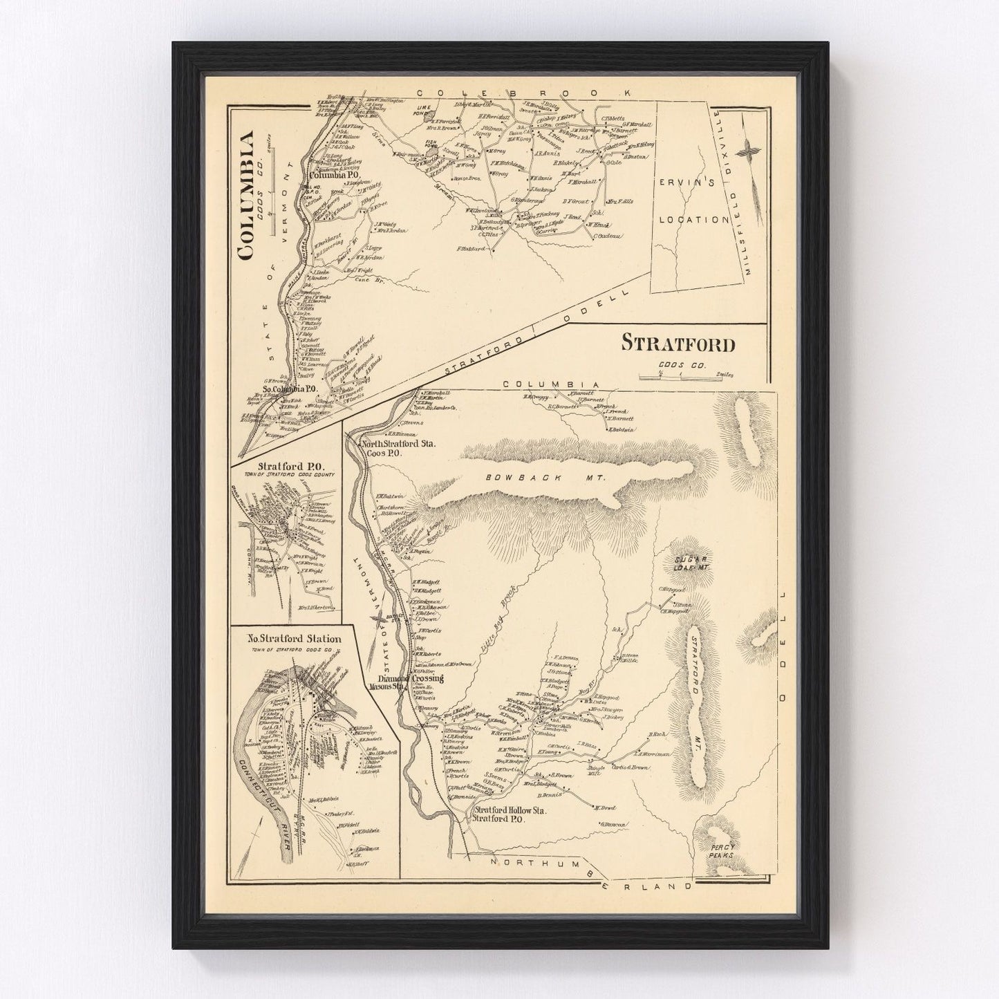 Vintage Map of Stratford & Columbia, New Hampshire 1892