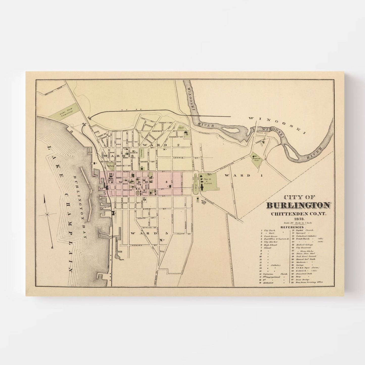 Vintage Map of Burlington, Vermont 1873