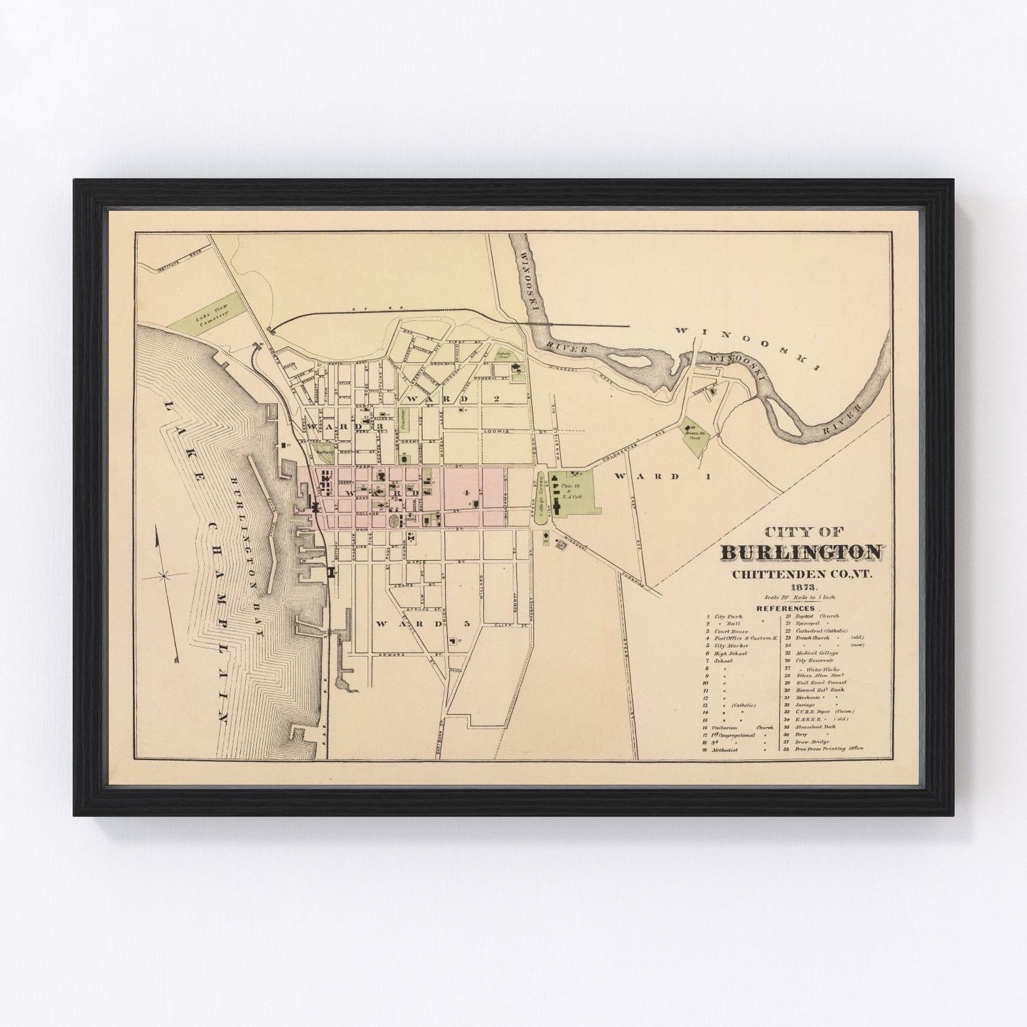 Vintage Map of Burlington, Vermont 1873