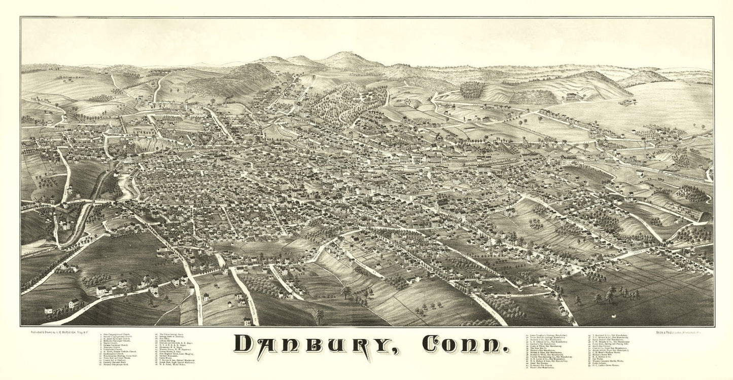 Vintage Map of Danbury, Connecticut 1884