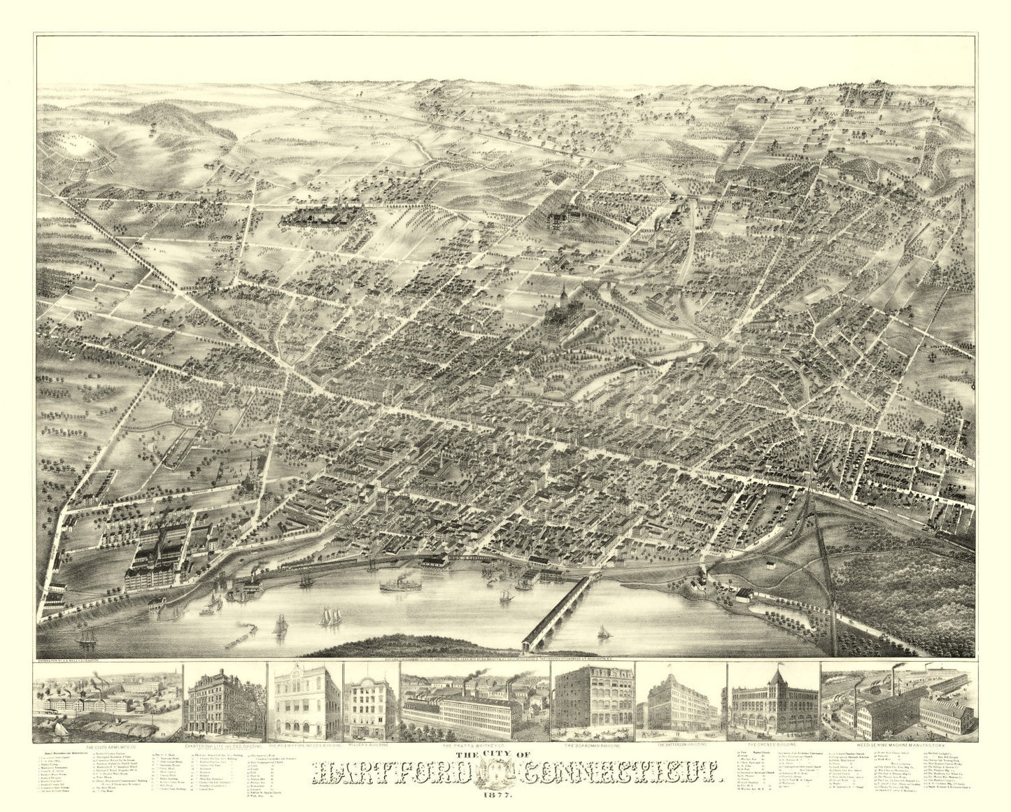 Vintage Map of Hartford, Connecticut 1877