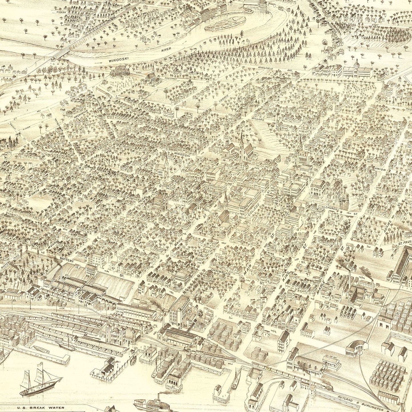 Vintage Map of Burlington, Vermont 1877