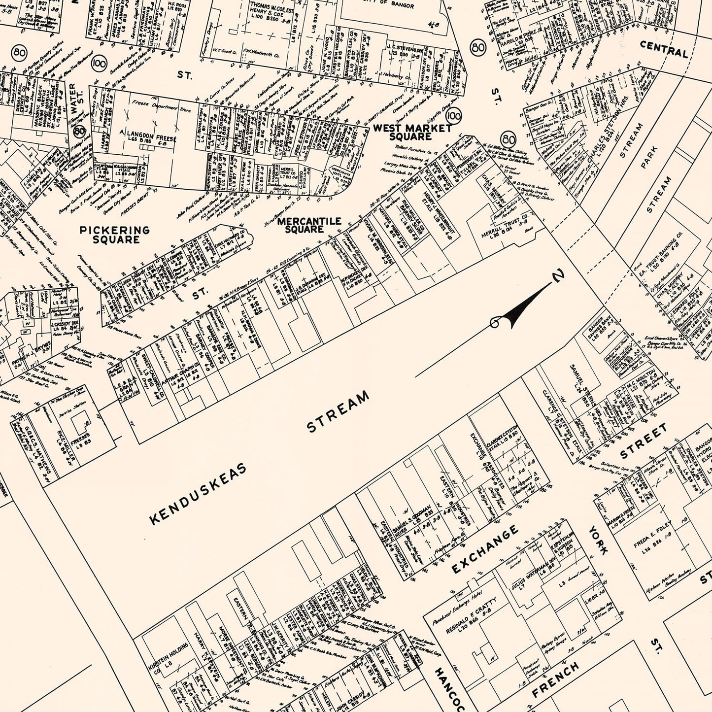 Vintage Map of Bangor, ME Business Section 1946