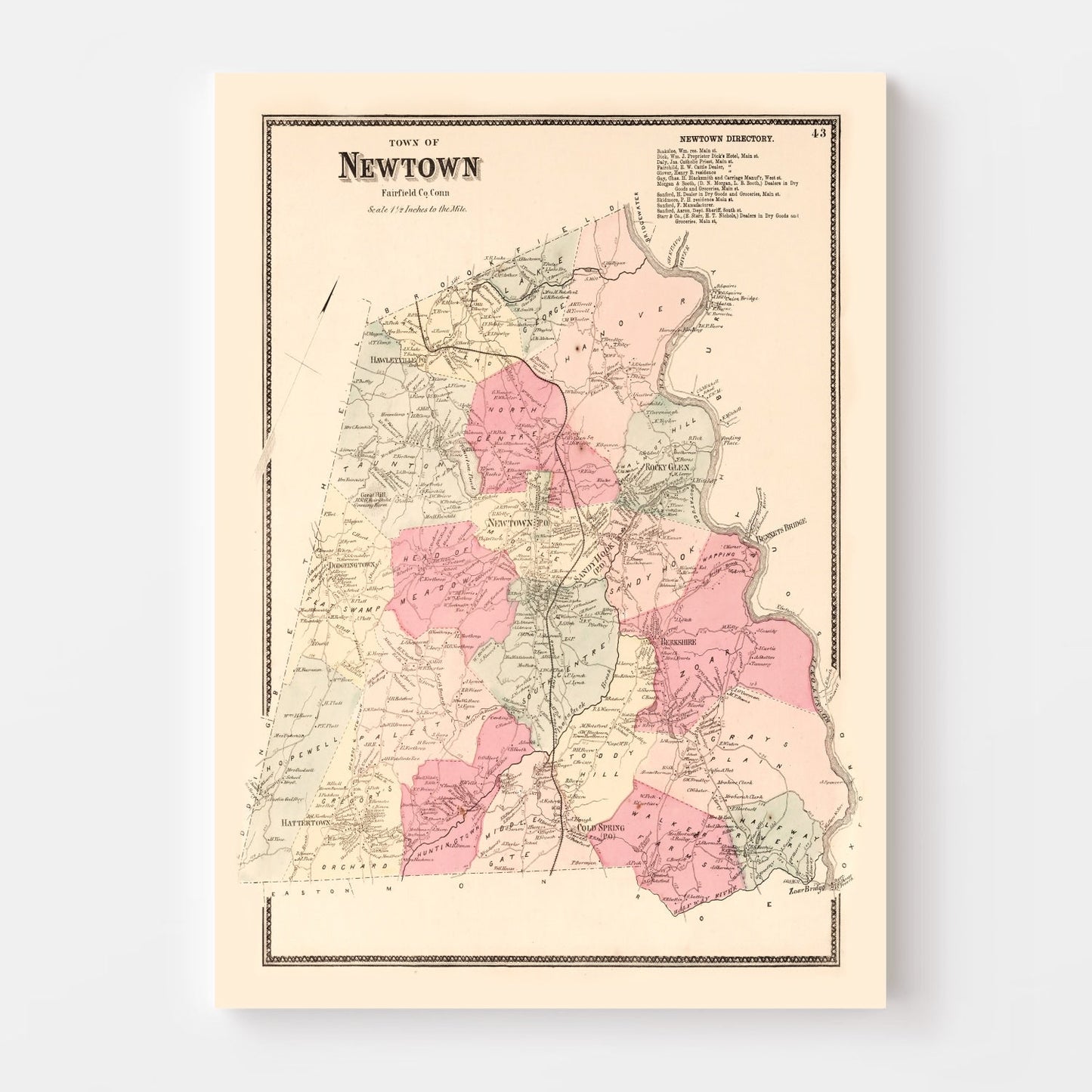 Vintage Map of Newtown, Connecticut 1867
