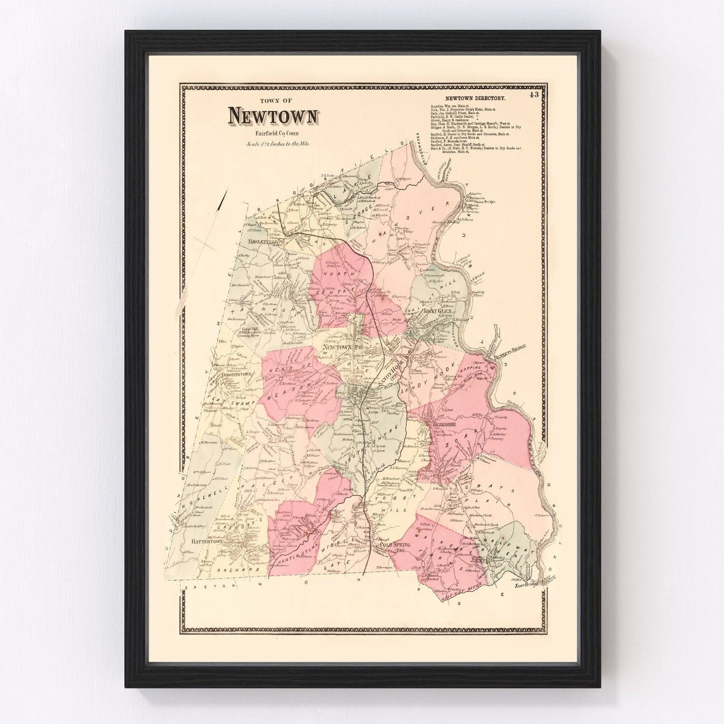 Vintage Map of Newtown, Connecticut 1867
