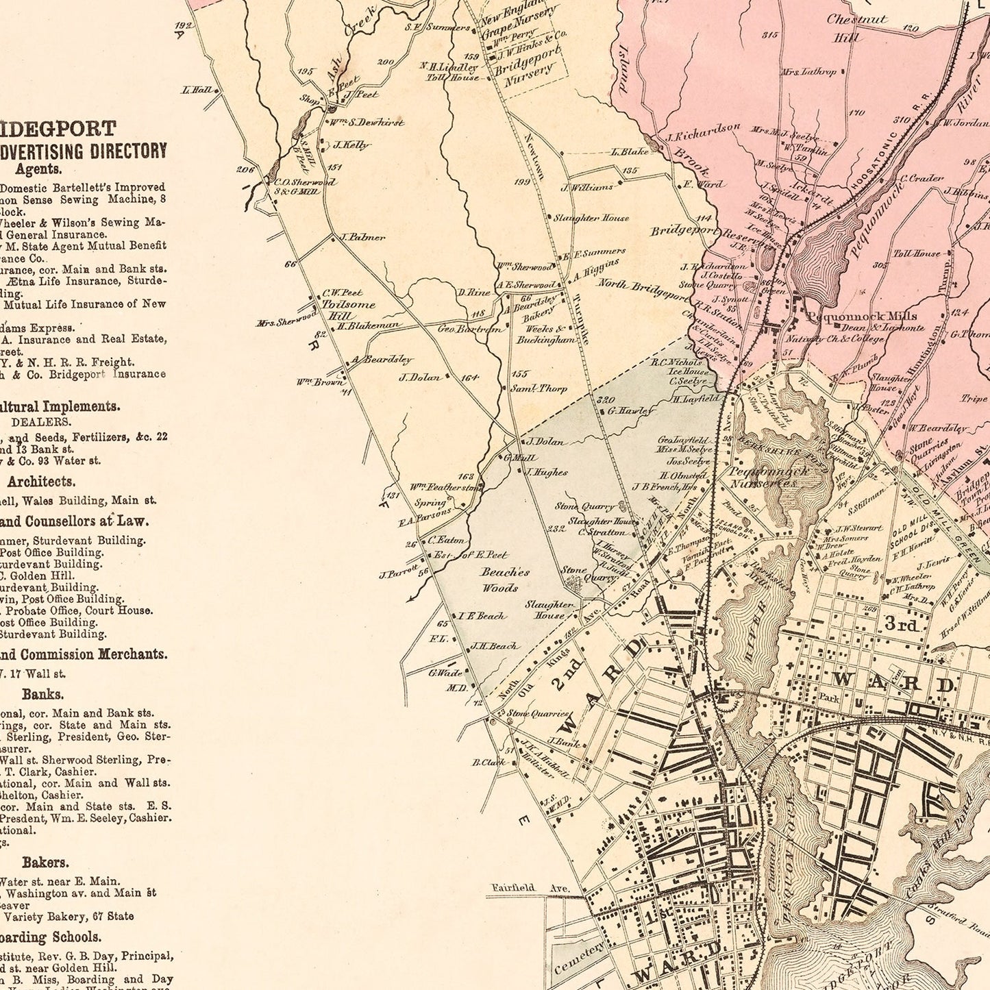 Vintage Map of Bridgeport, Connecticut 1867