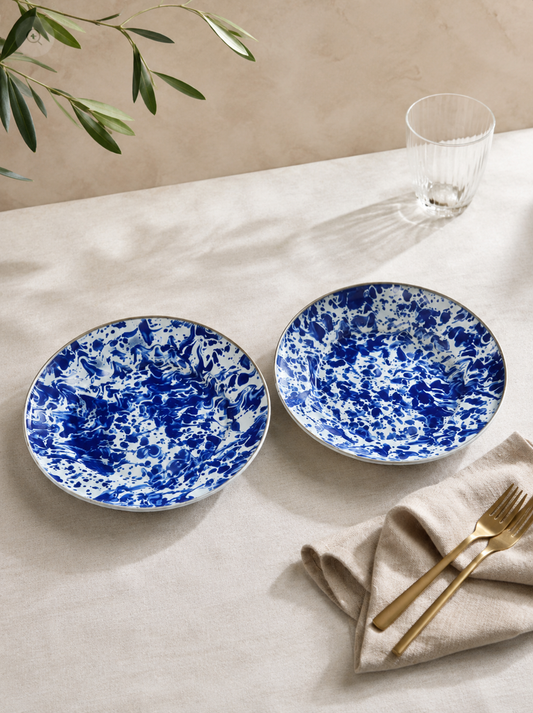 Vintage Enamelware Dinner Plates Cobalt Blue Spatterware 8.5” set of 2