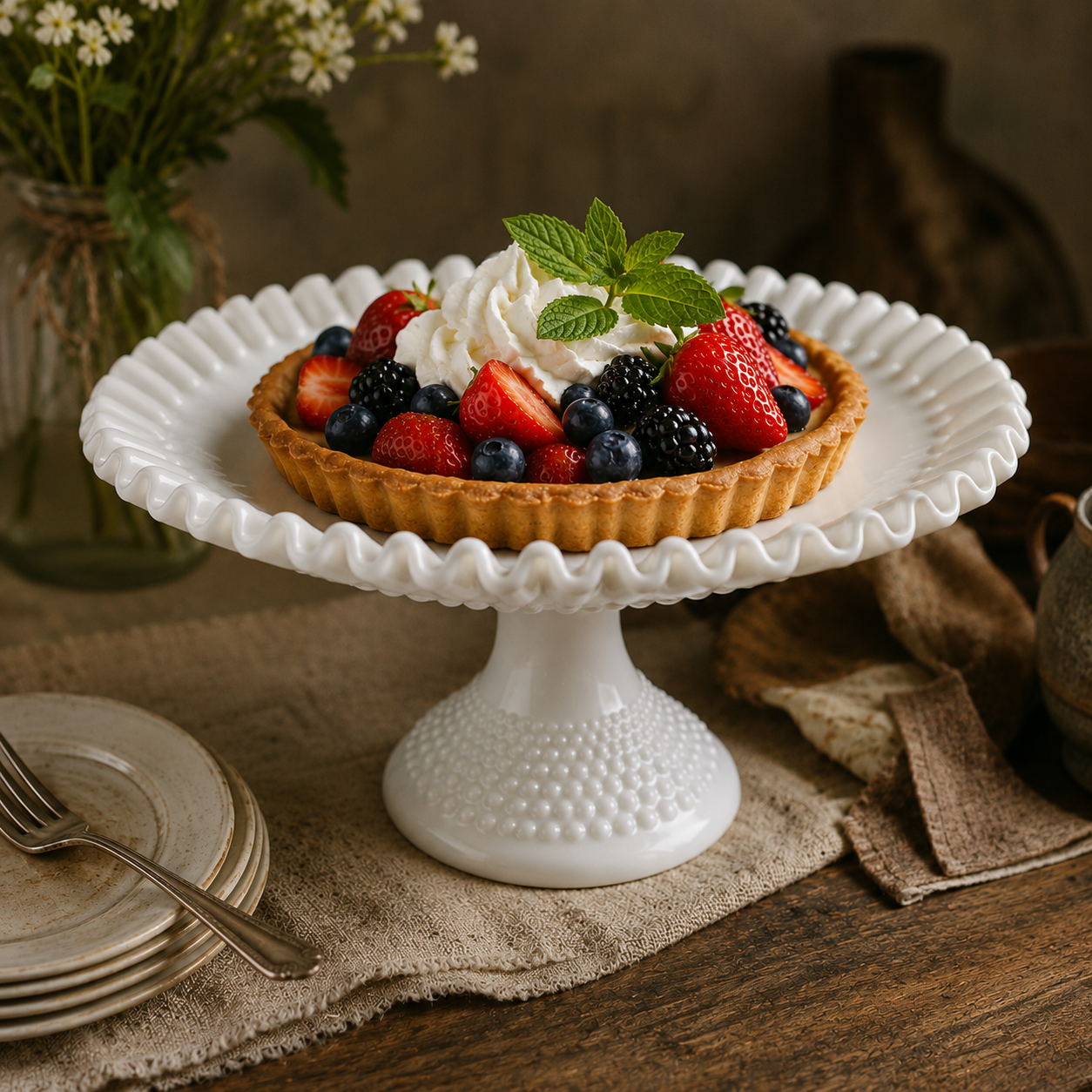 11" Milk Glass Cake Stand w/ Hobnail Design and Ruffled Edge