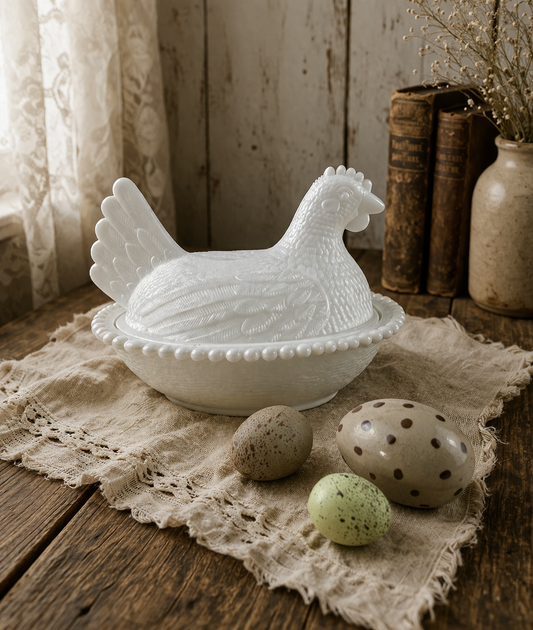 Vintage Milk Glass Hen on Nest Bowl, Farmhouse Kitchen Decor