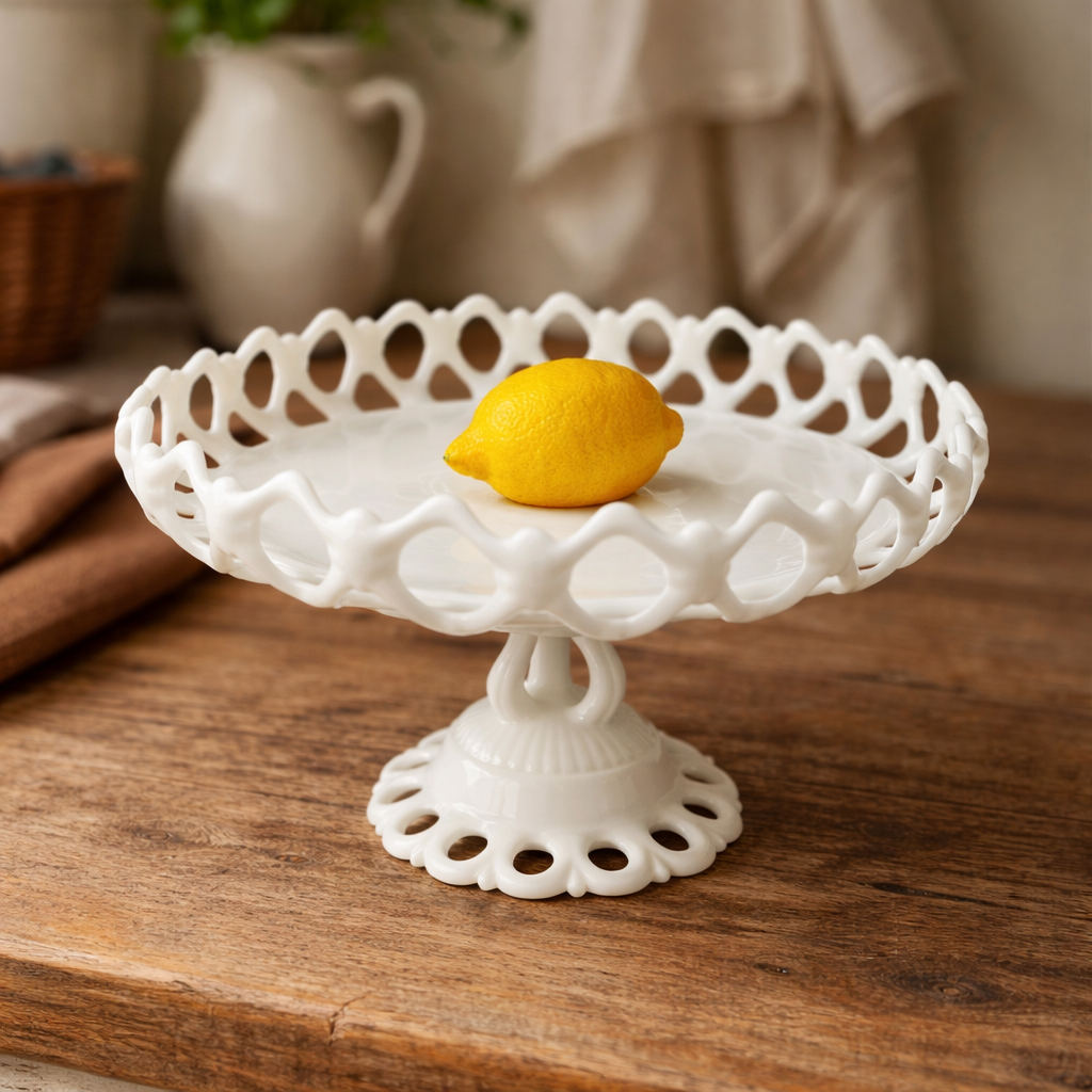 Westmoreland Milk Glass Pedestal Fruit Bowl. Doric Pattern with Lace Edge. 10" in Diameter.  Table Centerpiece.