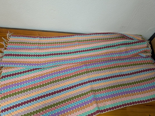 Handmade Striped Crochet Afghan - 1980s Textiles (Acrylic Yarn Afghan Blanket, Vintage, Handmade, Cottage, Multicolor, Pastel)