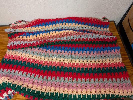 Handmade Shell Stitch Crochet Afghan  - 1990s Textiles (Acrylic Yarn Afghan Blanket, Vintage, Handmade, Multicolor)