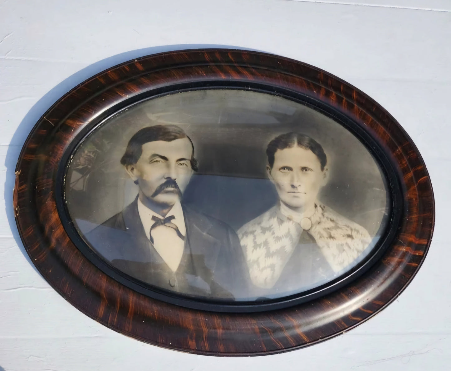 Antique Sepia Portrait In Convex Glass & Tiger Wood Frame