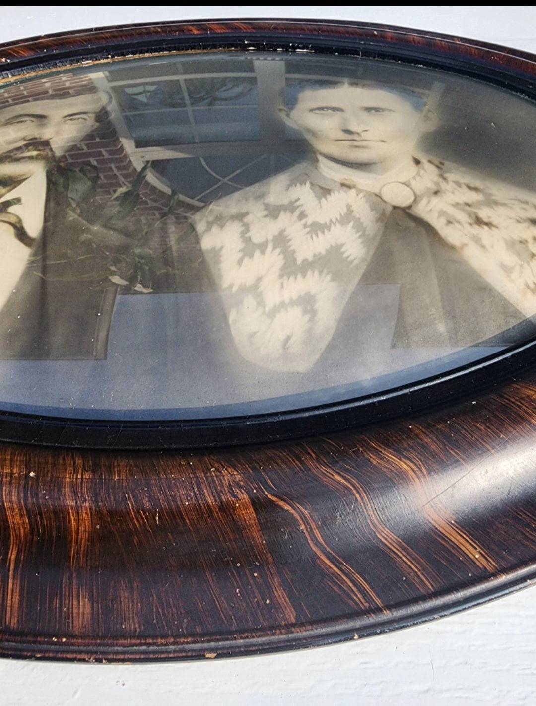 Antique Sepia Portrait In Convex Glass & Tiger Wood Frame