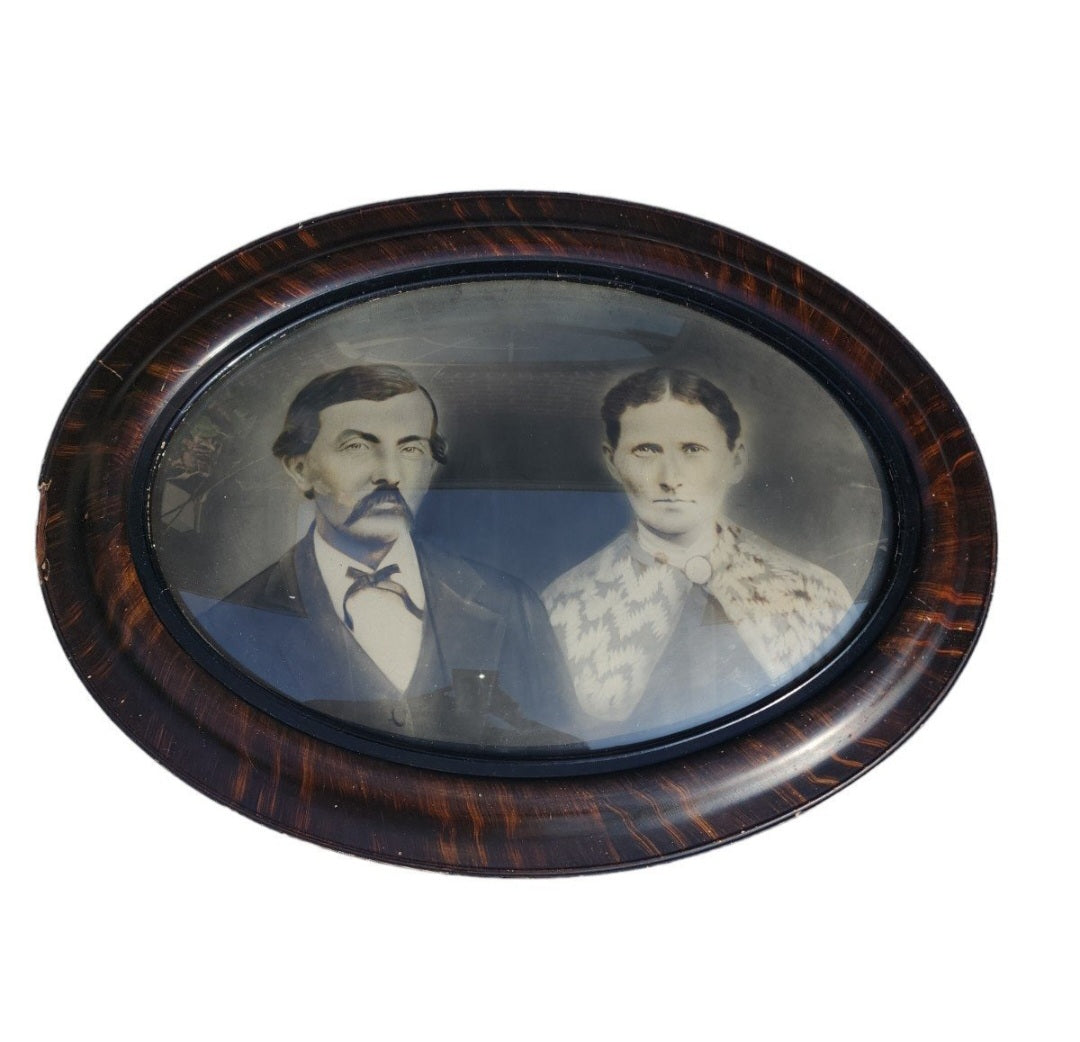 Antique Sepia Portrait In Convex Glass & Tiger Wood Frame