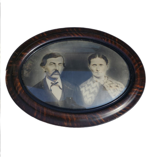 Antique Sepia Portrait In Convex Glass & Tiger Wood Frame