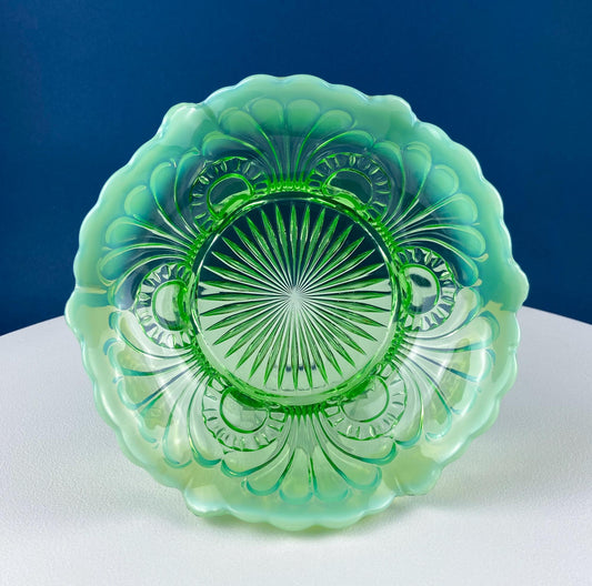 Vintage Fenton Emerald Green Depression Glass Bowl with Art Deco Motifs. Opaque Scalloped Edge
