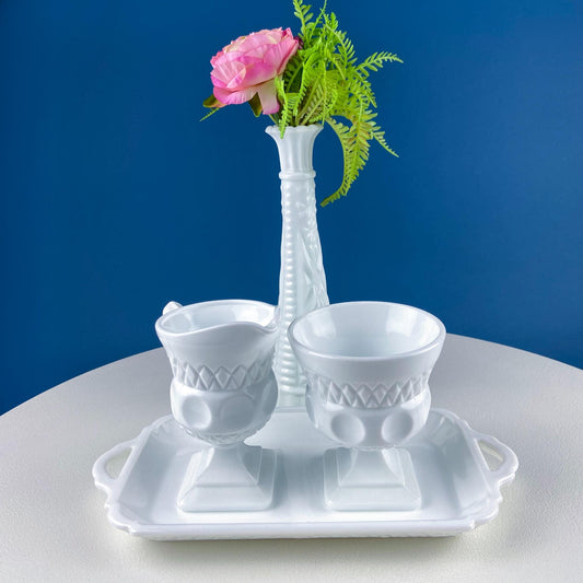 Vintage Fenton Milk Glass Sugar Bowl & Creamer on Matching Tray