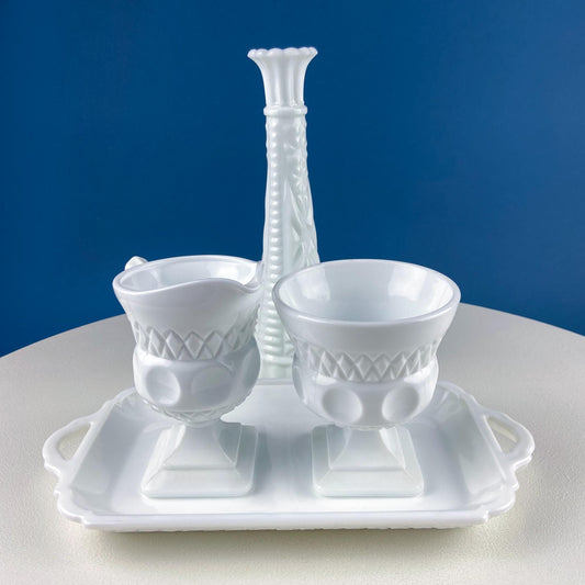 Vintage Fenton Milk Glass Sugar Bowl & Creamer on Matching Tray