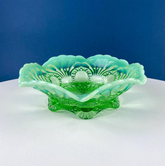 Vintage Fenton Emerald Green Depression Glass Bowl with Art Deco Motifs. Opaque Scalloped Edge