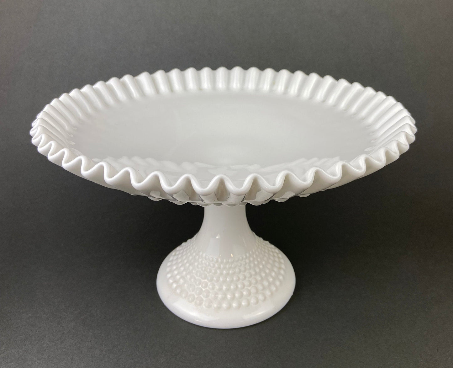 Milk Glass Hobnail Footed Bowl, Ruffled Edge Serving Dish