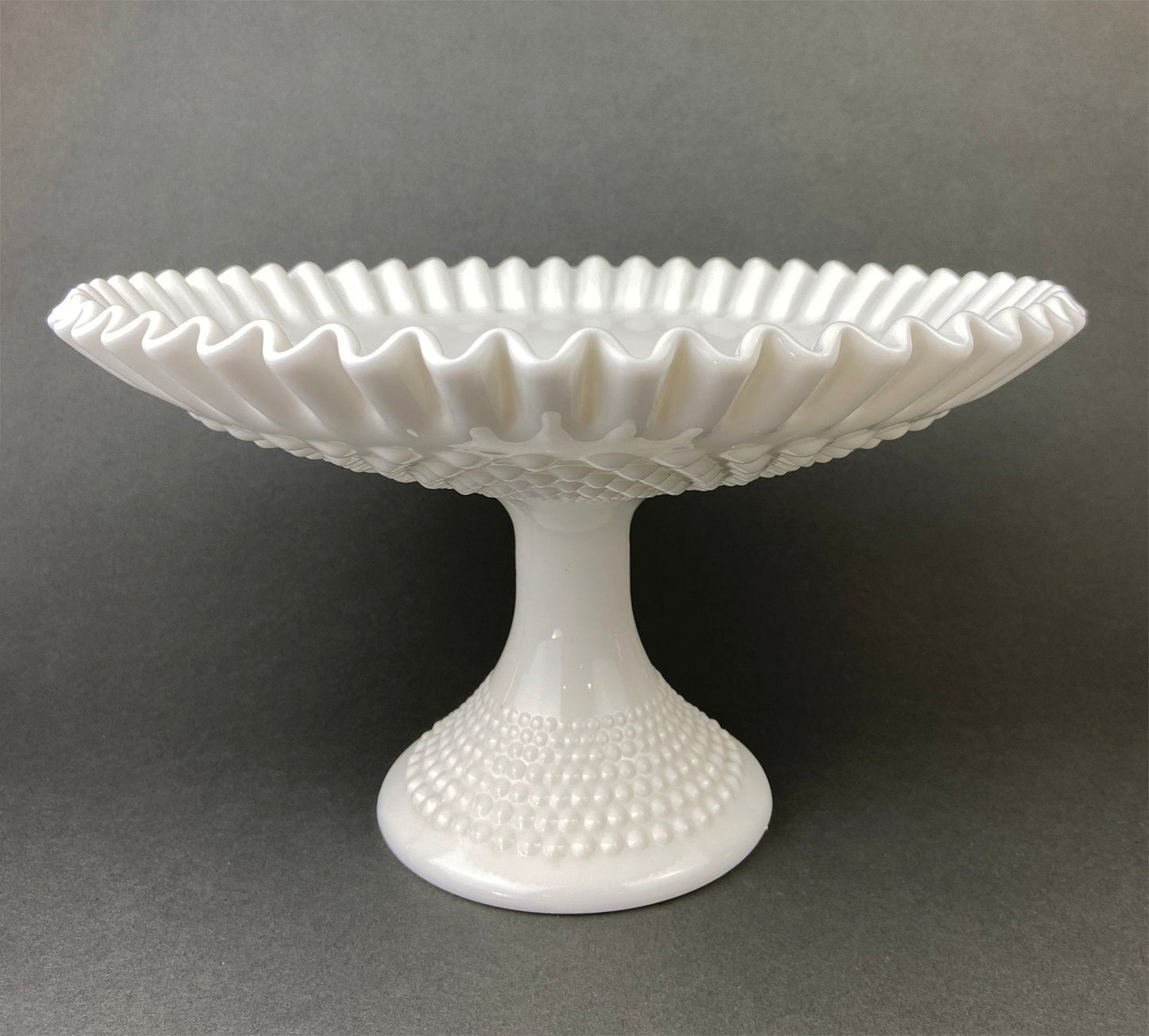 Milk Glass Hobnail Footed Bowl, Ruffled Edge Serving Dish