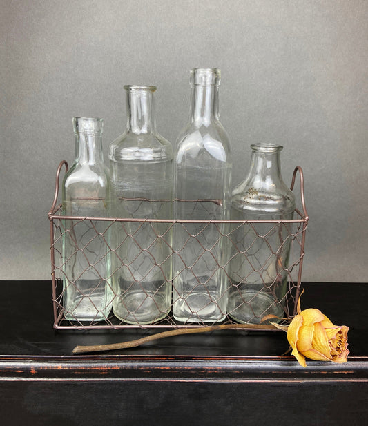Vintage Glass Apothecary Bottles. Flower Vases in a Metal Basket.  Four Collectible Bottles For Shabby Chic Home, Cafe or Store Display.