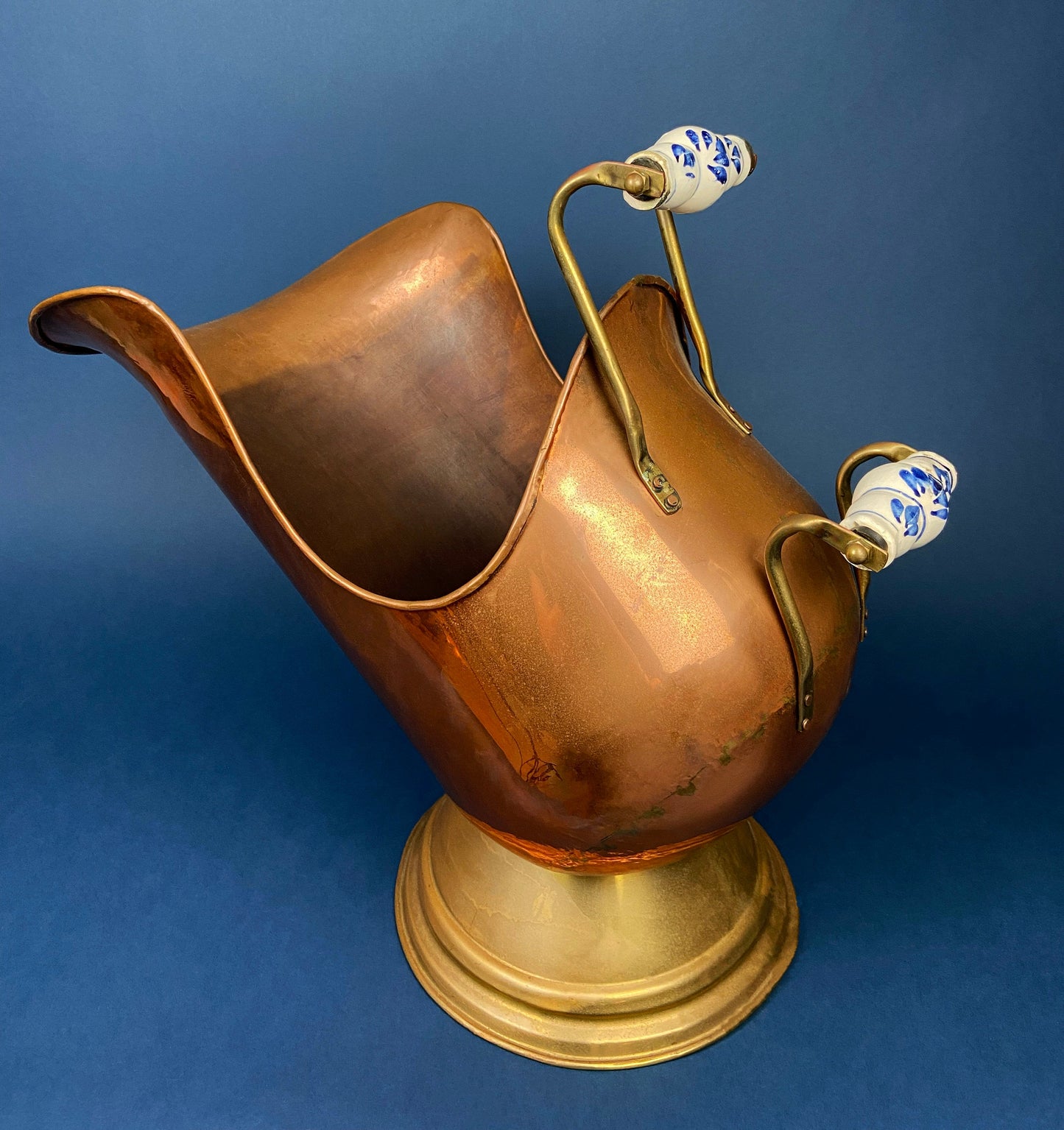 Antique Copper Coal Scuttle with Brass Bottom & Ceramic Handles