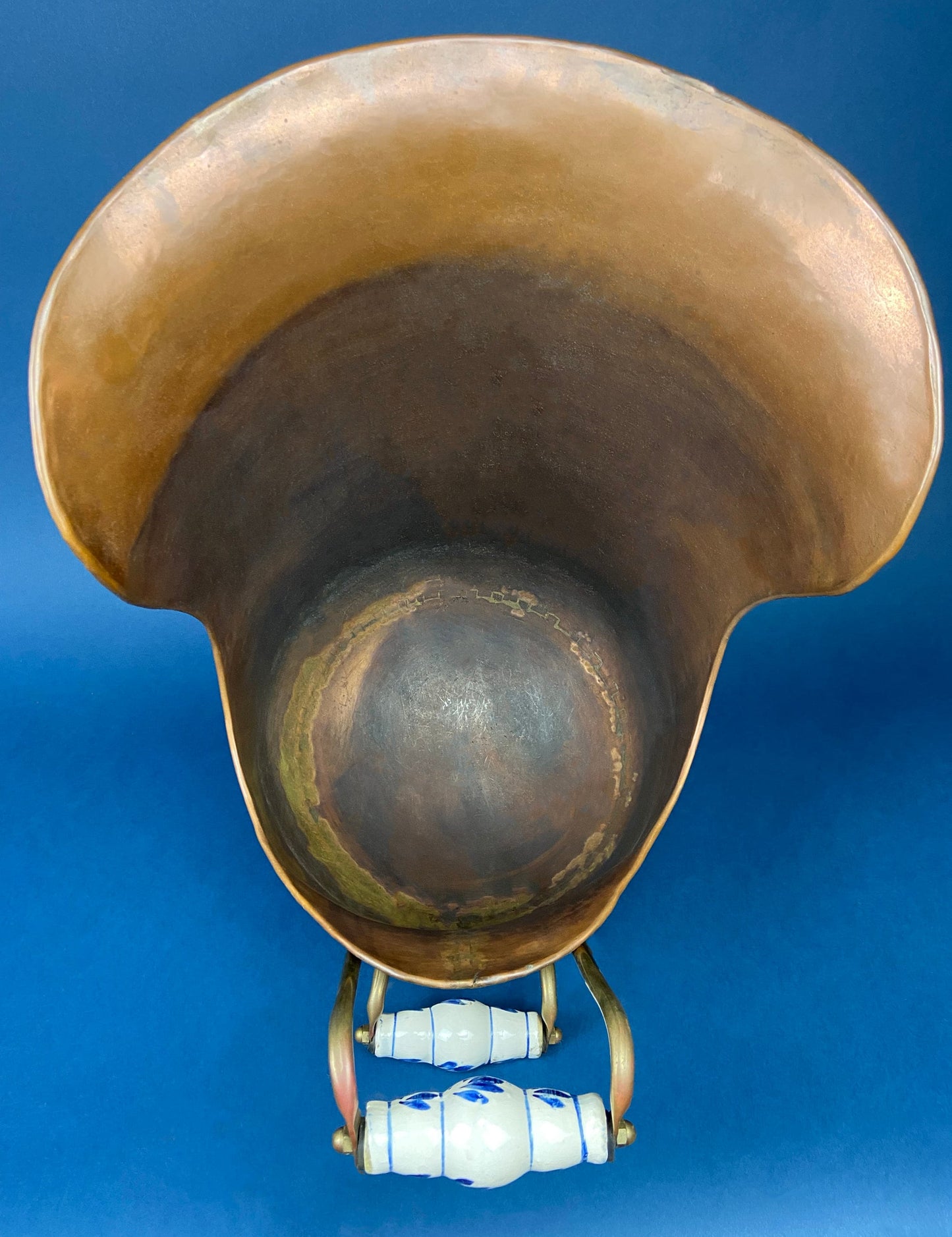Antique Copper Coal Scuttle with Brass Bottom & Ceramic Handles
