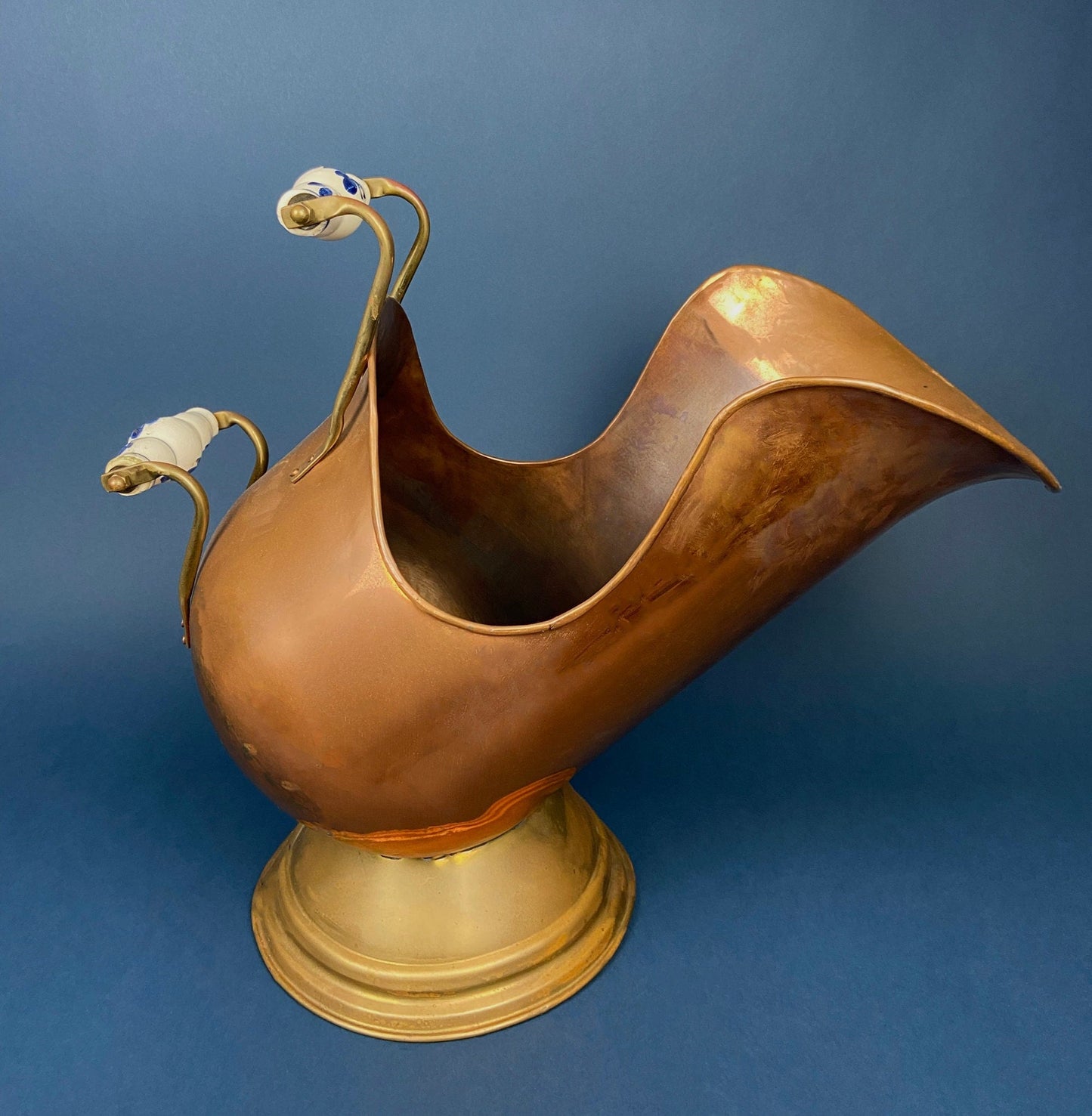 Antique Copper Coal Scuttle with Brass Bottom & Ceramic Handles
