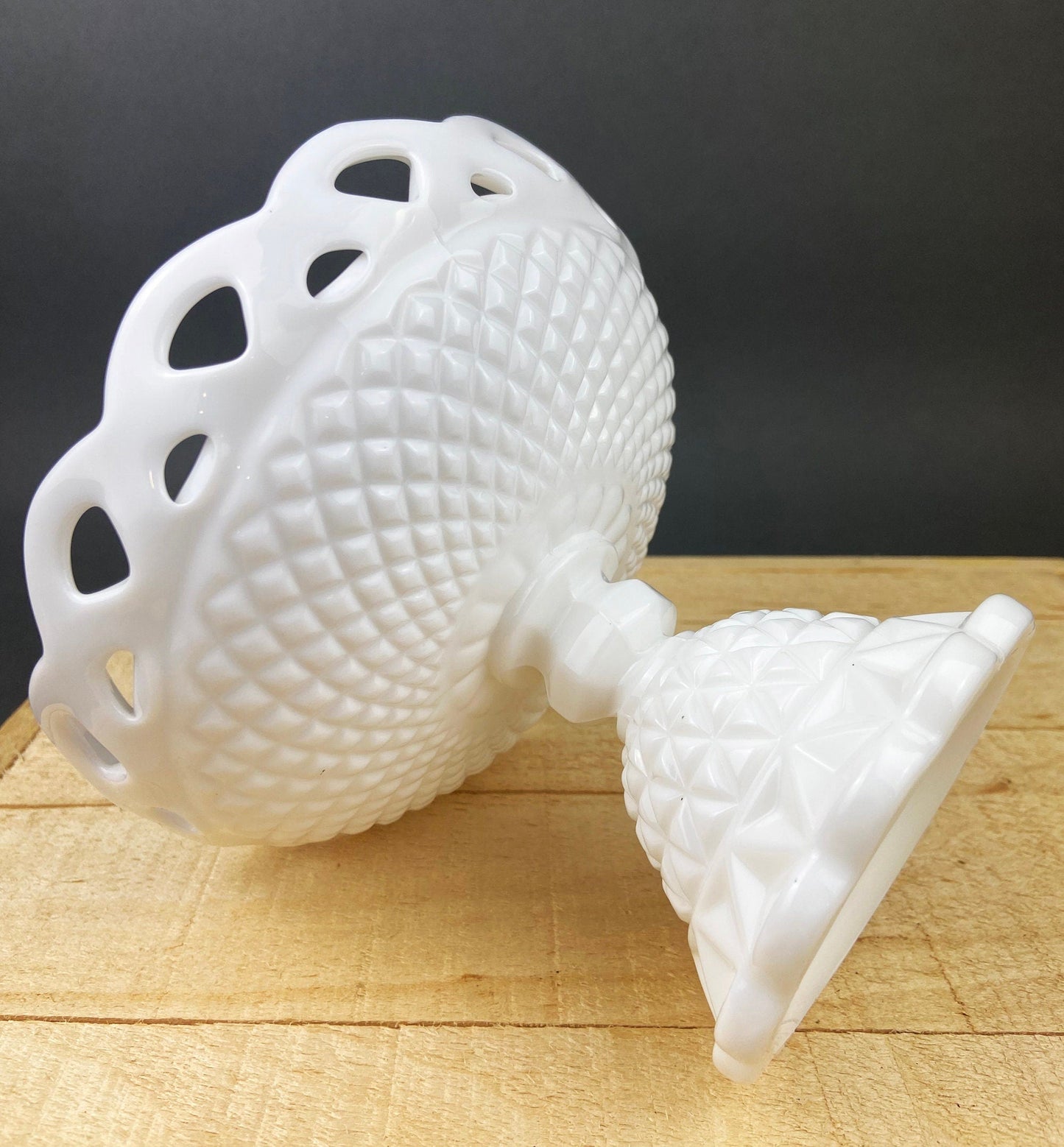Vintage Milk Glass Footed Compote Bowl | Waffle Pattern Candy Dish with Scalloped Edge