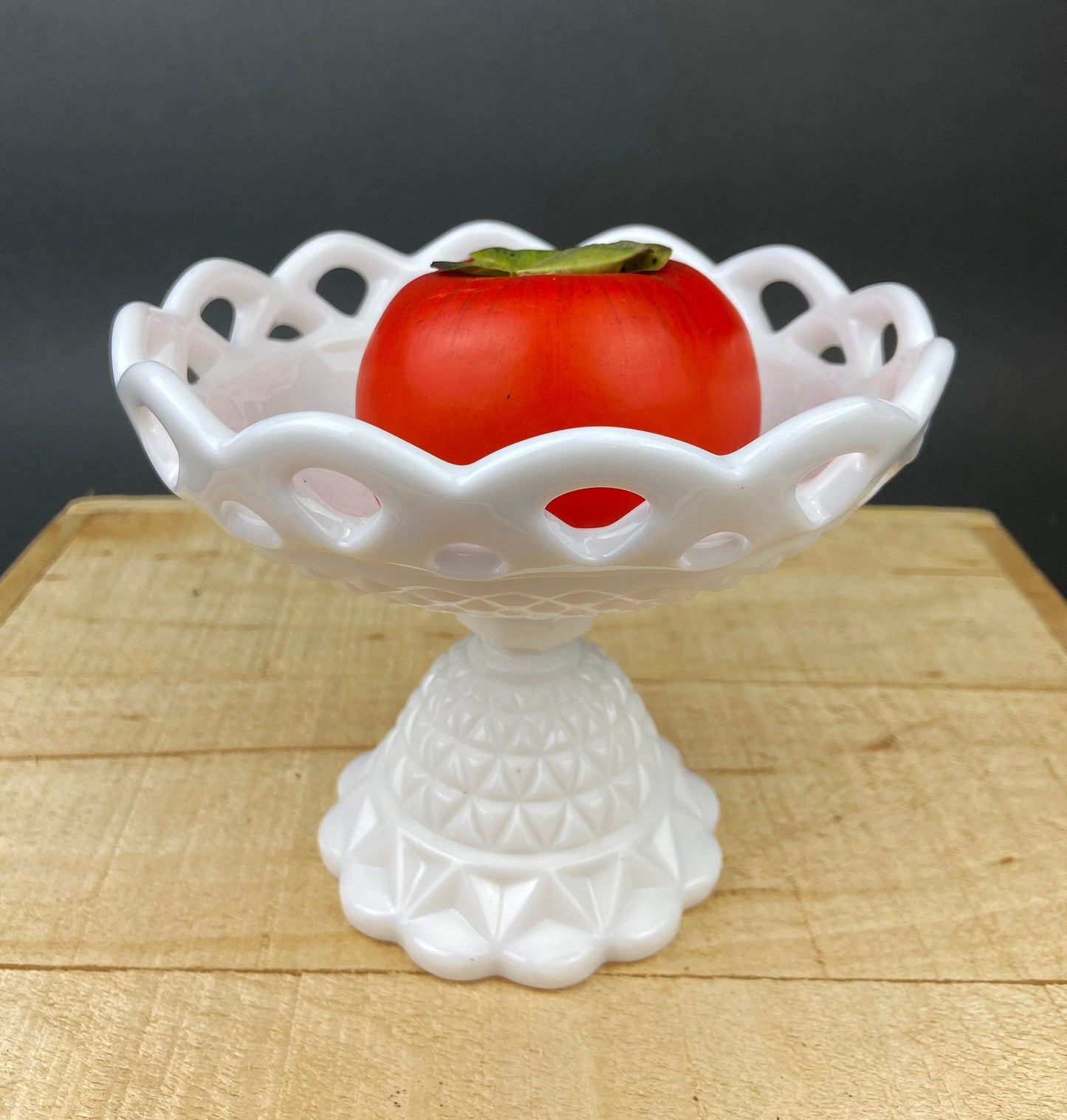 Vintage Milk Glass Footed Compote Bowl | Waffle Pattern Candy Dish with Scalloped Edge
